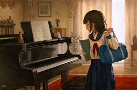 Hình Nền Anime Cô Gái đồng Phục Học Sinh đàn Piano Ký Tự Gốc