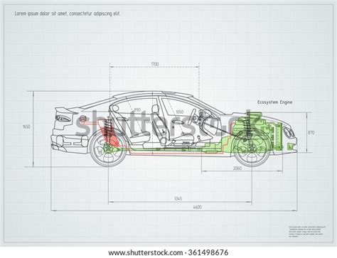 Detailed Engineering Drawing Car Vector Illustration Stock Vector