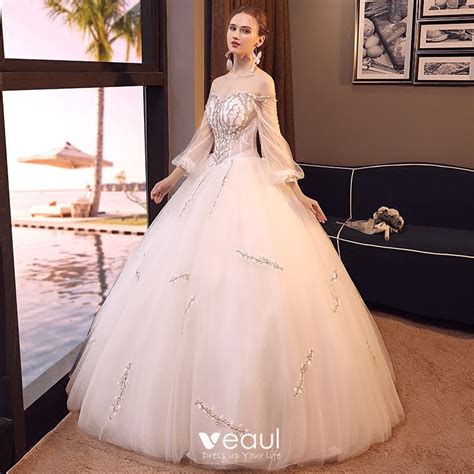 Elegant Ivory Wedding Dresses 2018 Ball Gown Beading Lace Flower Off