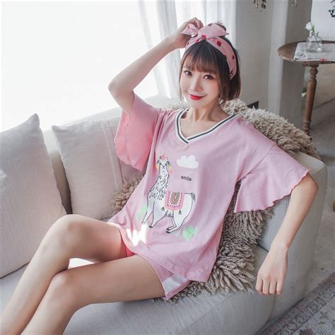 Summer 2019 Cute Print Sheep V Neck Homewear Pajamas Girls Pajama Set