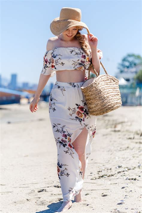 Summer Beach Outfit Two Piece Off The Should Crop Top Set Cute Beach