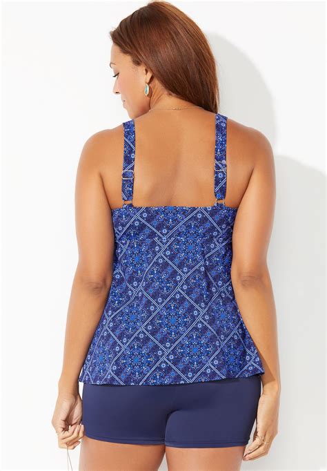 V Neck Flowy Tankini Set With Boy Short Blue Scarf Navy Swimsuits