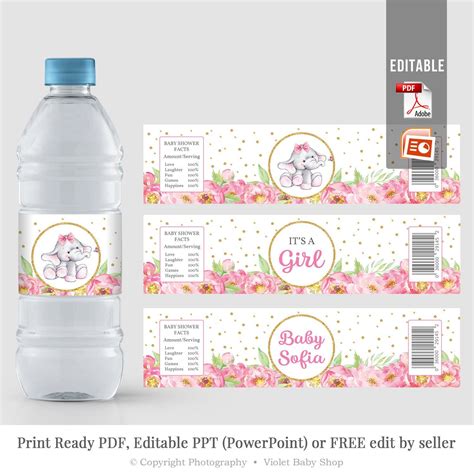 Baby shower water bottle labels instant download baby from free printable baby shower labels , image source: Editable Water Bottle Label, Elephant Girl Baby Shower Label Template, Printable … | Baby shower ...