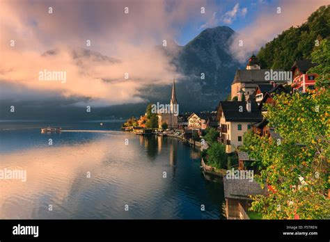 Sunrise In Hallstatt In Upper Austria Is A Village In The