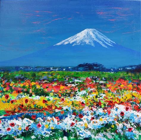 Fuji Mountain In Japan Acrylic Painting On Canvas Spring Blossom