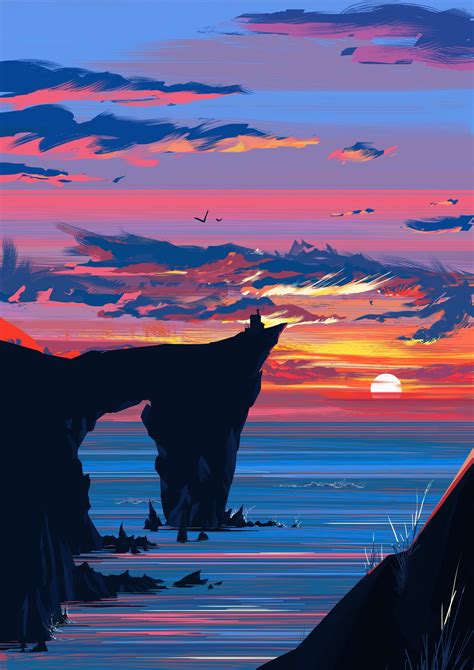 Mountain Cliff Under Golden Hour Sunset Illustration Hd Wallpaper