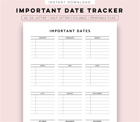 Important Dates Tracker Printable, Date Organiser Planner Inserts A5