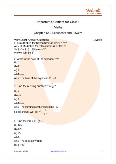 Cbse Class 8 Maths Chapter 12 Exponents And Powers Important Questions