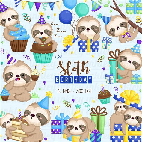 Birthday Sloth Clipart Cute Sloth Clip Art Birthday Party Etsy In 2020 Art Birthday Party