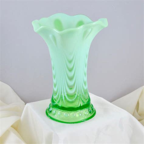 Antique Northwood Jewel And Drapery Green Opalescent Glass Vase