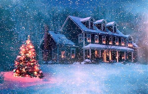 Christmas Snow Tree House Snowfall Painting Lights Winter Hd