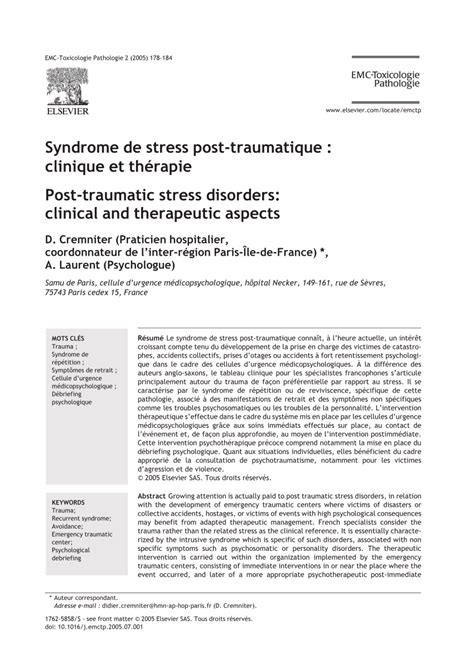 Pdf Syndrome De Stress Post Traumatique Clinique Et Thérapie