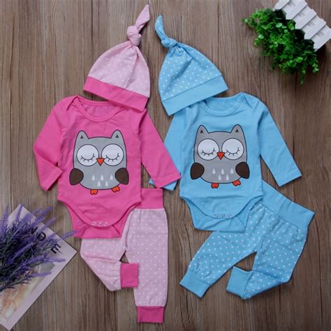 Cute Twins Owl Clothes Set Newborn Baby Girl Boy Long Sleeve Romper