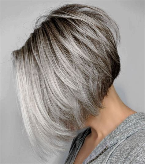 Inverted Layered Gray Bob With Brown Roots Latest Bob Hairstyles Grey Bob Hairstyles Gray