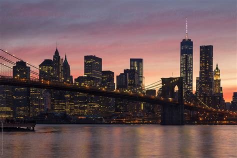 New York City Lower Manhattan Skyline Brooklyn Bridge And Afterglow