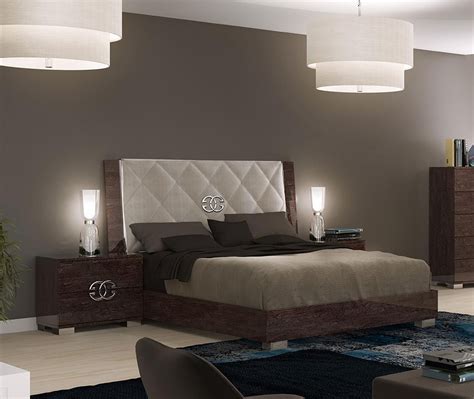 Glossy Finish Upholstered Headboard King Bedroom Set 5pcs Made In Italy