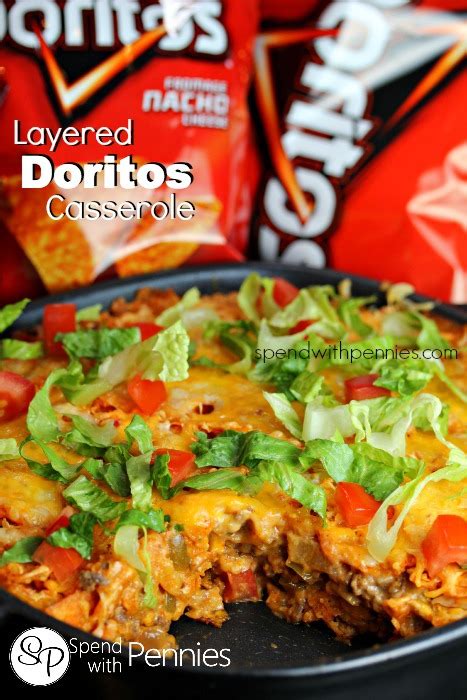 Lay 1/2 the doritos over the bottom of a casserole dish followed by a layer of the mixture. Layered Doritos Casserole