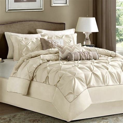 Full Queen Cal King Bed Ivory Cream Pintuck Pleat 7 Pc Comforter Set