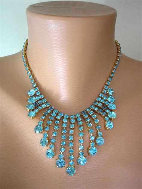 Turquoise Rhinestone Necklace Aqua Choker Crystal Statement Necklace Gatsby Rhinestone Bib