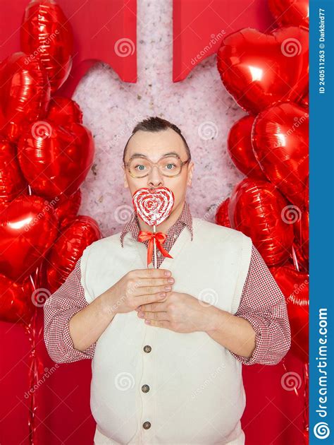Funny Bearded Retro Style Man Holding Red Heart Shape Lollipop For Valentine Day Stock Image