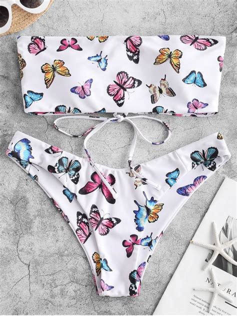 Off Zaful Butterfly Print Lace Up Bandeau Bikini Swimwear In