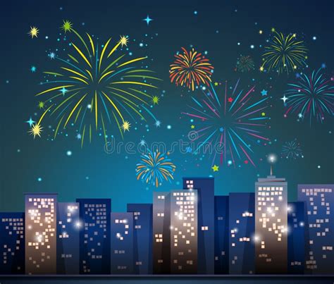 City Scene With Fireworks At Night Stock Vector Illustration Of