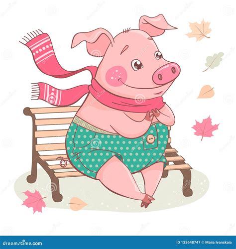 Cute Cartoon Pig Sitting On A Bench Stock Vector Illustration Of
