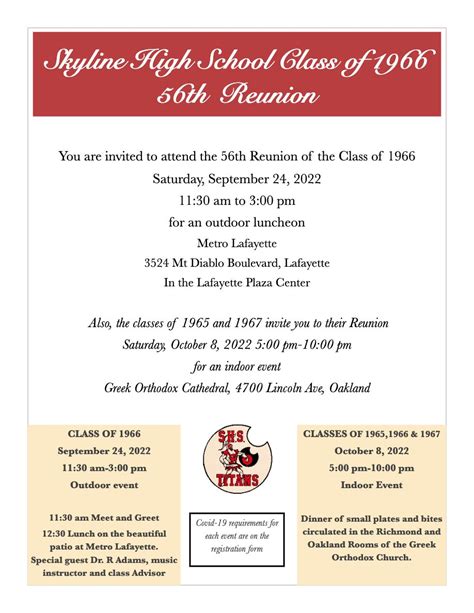 56th Reunion Events Skyline High School Class Of 1966 Oakland Ca