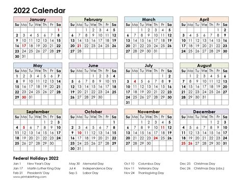 Exclusive Printable Calendar 2022 One Page Pdf Templates Free