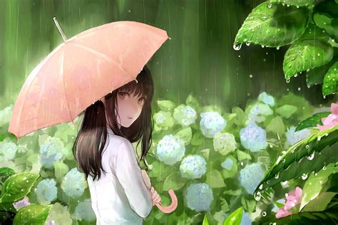 Anime Girl Umbrella Flower Pretty Cute Spring Rain