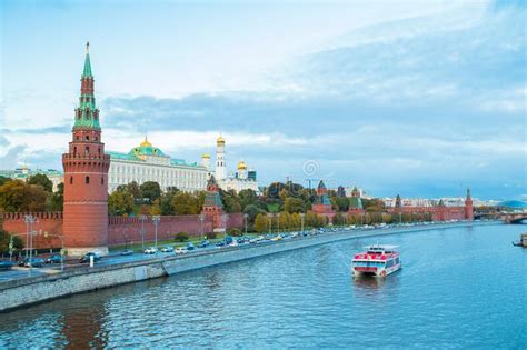 Moscow Russia Moscow Kremlin On Coast Of Moskva River With Floating