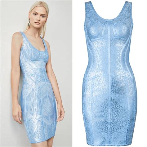 New Fashion Light Blue Foiling Print Rayon Bandage Dress Sexy Evening