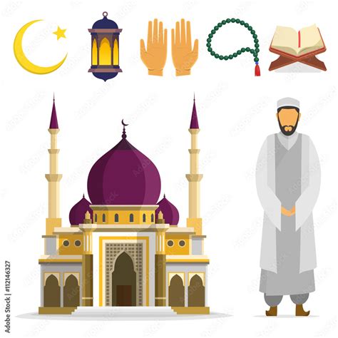 Set Of Islamic Religious Symbols And Ritual Objects Ramadan Symbol Muslim Mosque Mullah An