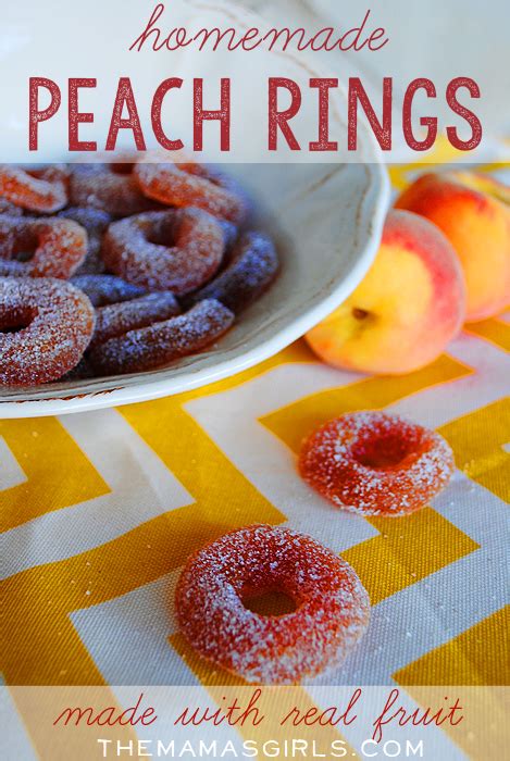 Completely submerge peach ring candies in peach schnapps, vodka, or rum for a minimum of 2 hours. Homemade Peach Rings Made From Real Fruit