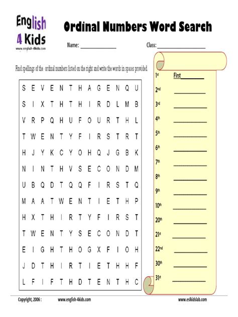 Ordinal Numbers Word Search