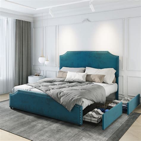 Buy Amerlife Queen Size Bed Frame With 4 Storage Drawers And Headboard Queen Velvet Upholstered
