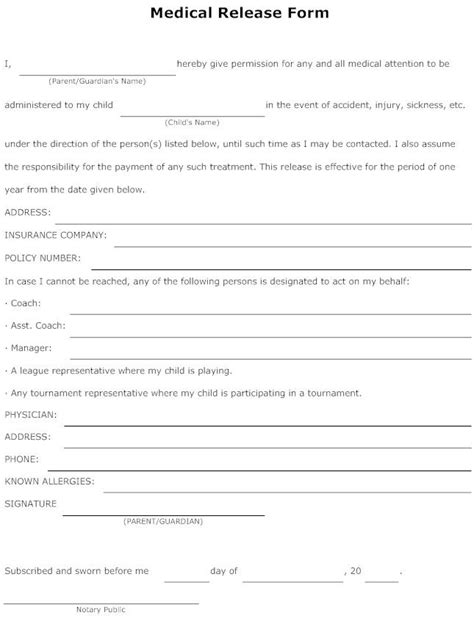 Medical Release Form For Child Free Printable Documents