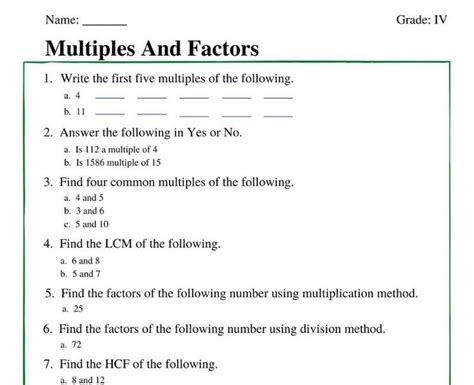 Multiples And Factors Worksheet For Class 5