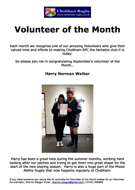 September Volunteer Of The Month Chobham Rugby