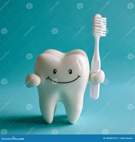 A Smiling White Happy Tooth On A Blue Background With A Toothbrush In