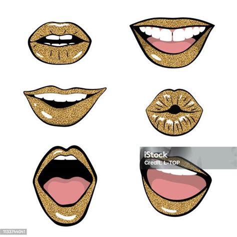 Golden Lips Patch Collection Isolated On White Background Vector Illustration Of Sexy Womans