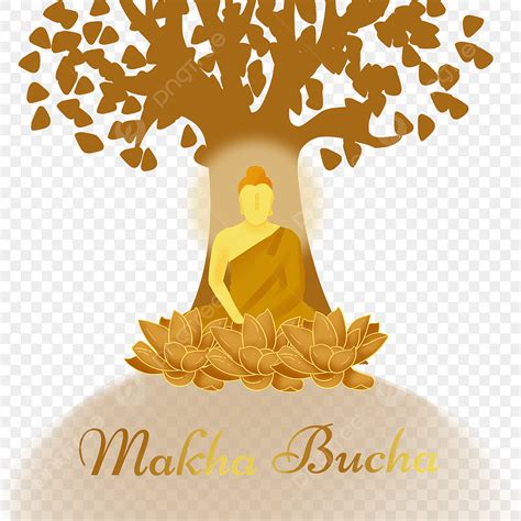 Makha Bucha Thai Festival Golden Monk And Tree Silhouette Golden