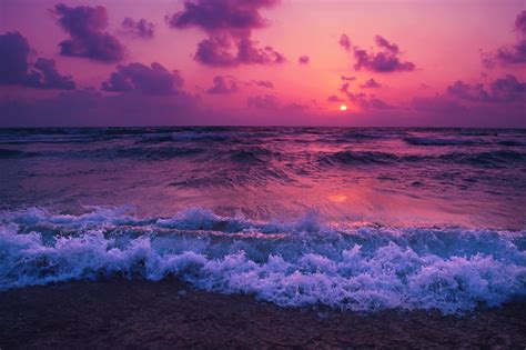 Sunset Rough Waves Clouds Wallpaper Download Free