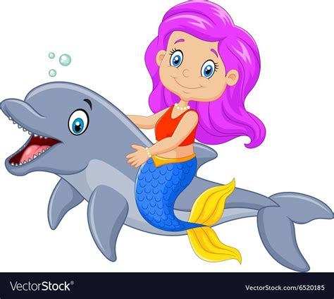 Illustration Of Cartoon Funny Mermaid Swimming With Friendly Dolphin