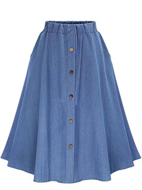 Denim Plain Elastic Waist Pocket Flared Midi Skirt With Images Midi