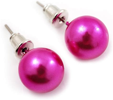 Deep Pink Lustrous Faux Pearl Stud Earrings Silver Tone Metal 9mm