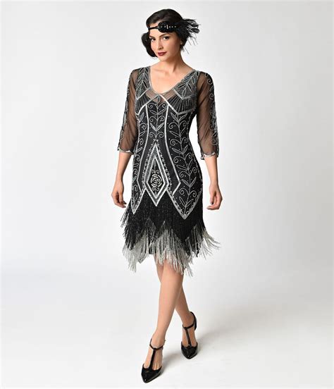 1920s Style Black And Silver Beaded Sleeved Scarlet Fringe Flapper Dress