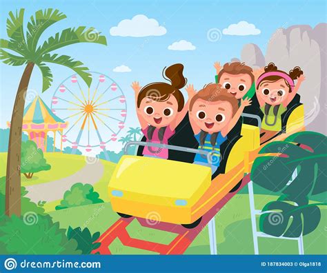 Roller Coaster Children In Amusement Park Children Have Fun In