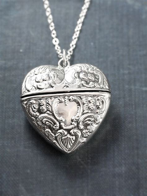 Large Sterling Silver Heart Locket Necklace Filigree Repousse