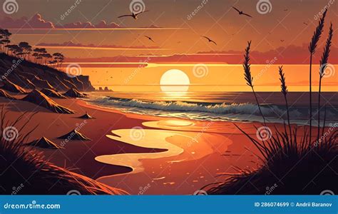 Calm Beach With Sunrise And Sunset Sky With Rocks On The Horizon Stock